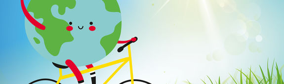Sinnbild Klima und Gesundheit: Ein Erdkugel-Männchen fährt Fahrrad.