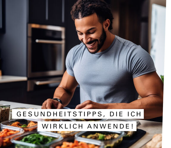 Ein lächelnder Mann bereitet Essen vor. Auf dem Bild steht ein Text "Gesundheitsstippps die wirklich funktionieren."