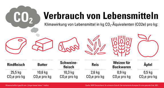 Diese Infografik zeigt der CO2 Ausstoss bei der Produktion bestimmter Lebensmittel an.