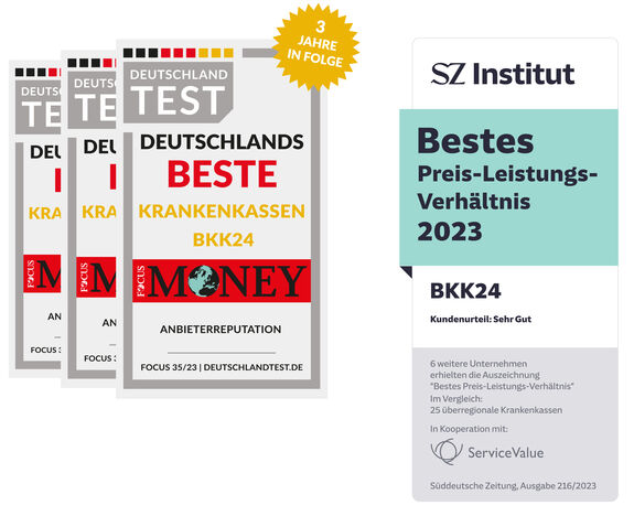 Zwei Siegel "Deutschlands beste Krankenkasse" und "Bestes Preis-Leistungsverhältnis"